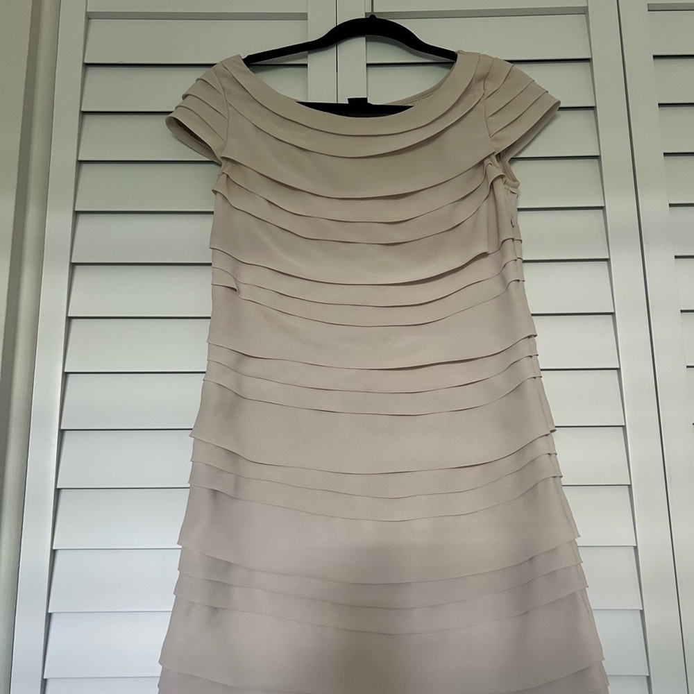French Connection Tan Gold Pleated Tiered Sheath Dress